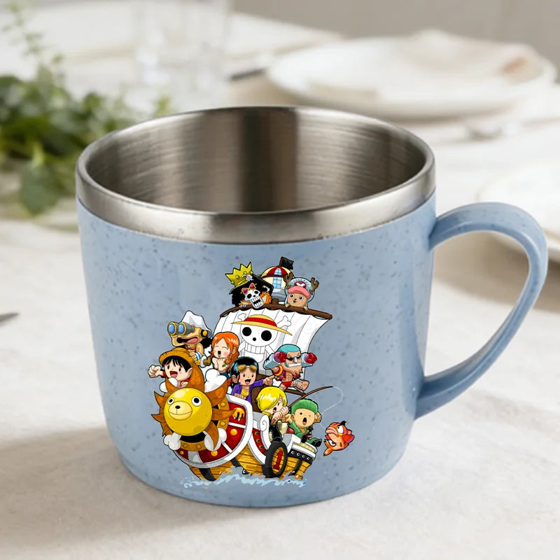 One Piece Double Layer Anti-scalding Stainless Steel Cups Kid Plastic Handle Coffee Milk Mug Luffy Water Cup Home Office Tumbler