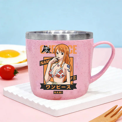 One Piece Double Layer Anti-scalding Stainless Steel Cups Kid Plastic Handle Coffee Milk Mug Luffy Water Cup Home Office Tumbler