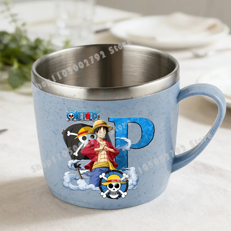 One Piece Double Layer Anti-scalding Stainless Steel Cups Kid Plastic Handle Coffee Milk Mug Luffy Water Cup Home Office Tumbler