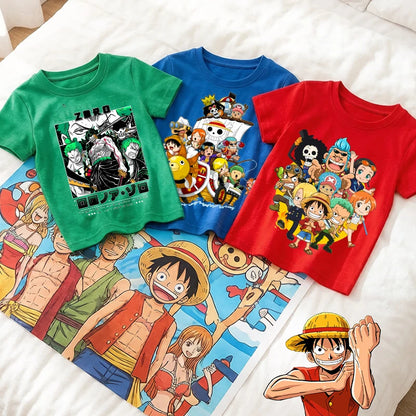 Ones Piece Kids T-shirt Anime Zoro-Luffy-Boys Toddler Cute Cool Tees Streetwear Casual Short Sleeve Childern Cotton Clothes Tops