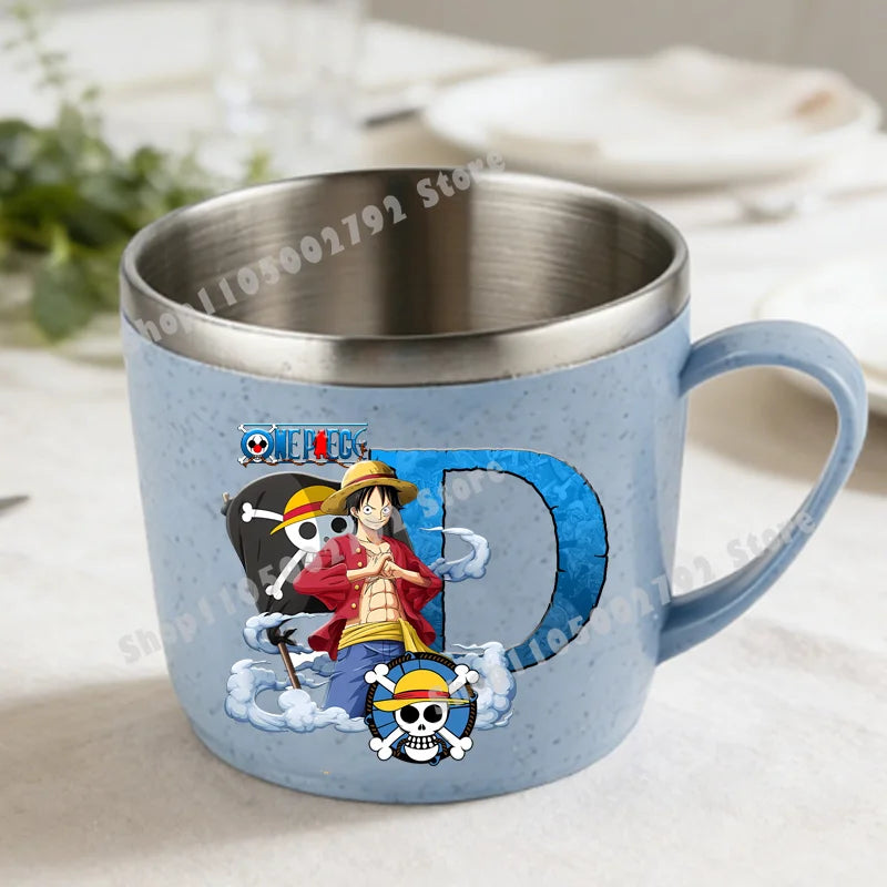 One Piece Double Layer Anti-scalding Stainless Steel Cups Kid Plastic Handle Coffee Milk Mug Luffy Water Cup Home Office Tumbler