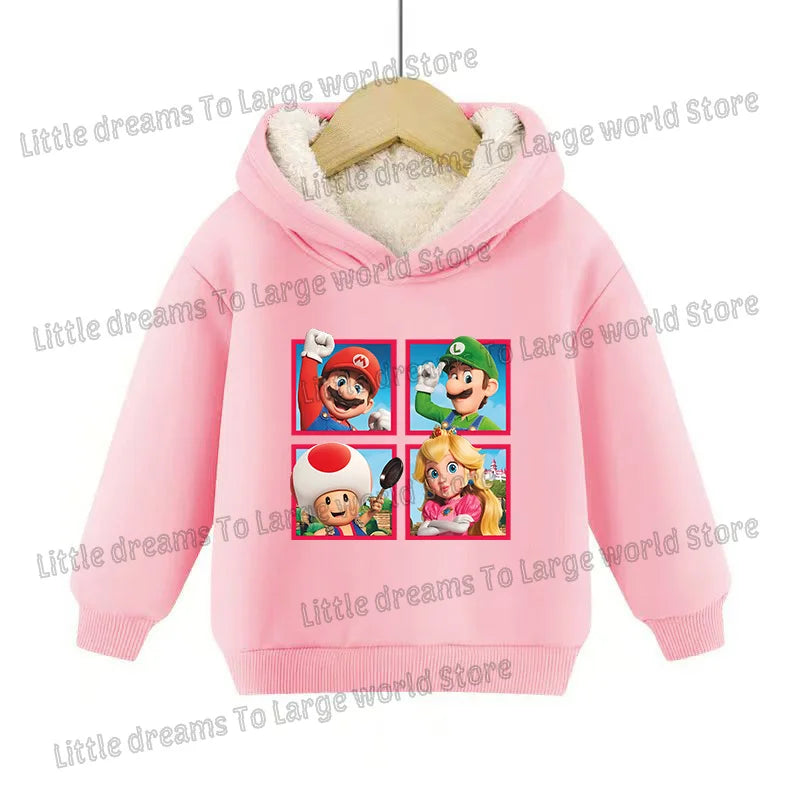 Super Marios Bros Hoodie for Kids Child Sweatshirt Fleece Thick Long-sleeved Clothes Boys Girls Winter Warm Tops Clothing Gifts