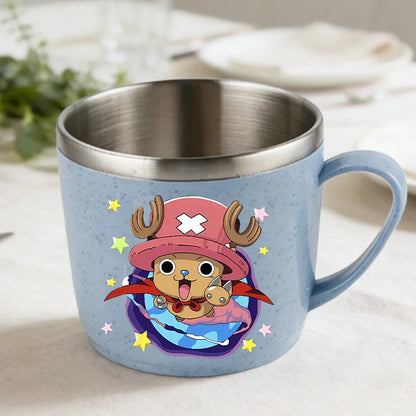 One Piece Double Layer Anti-scalding Stainless Steel Cups Kid Plastic Handle Coffee Milk Mug Luffy Water Cup Home Office Tumbler