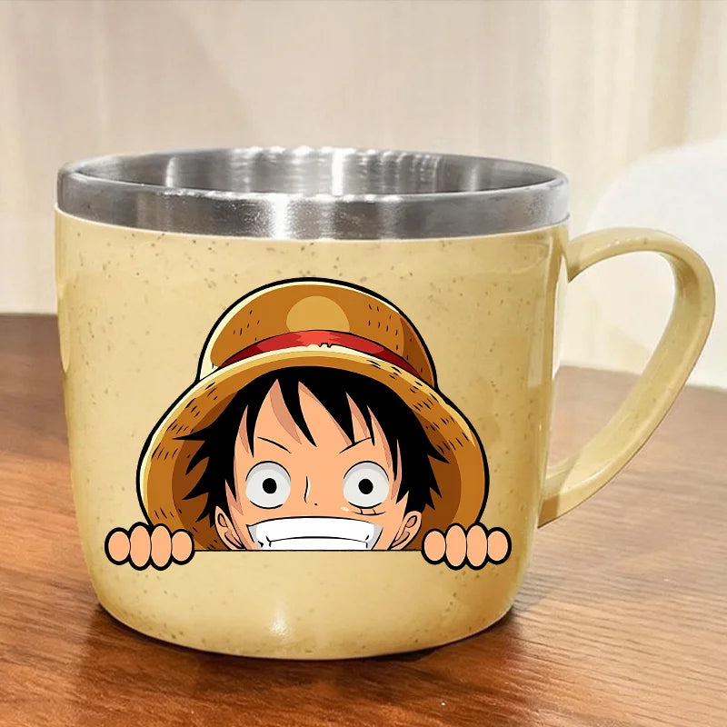 One Piece Double Layer Anti-scalding Stainless Steel Cups Kid Plastic Handle Coffee Milk Mug Luffy Water Cup Home Office Tumbler