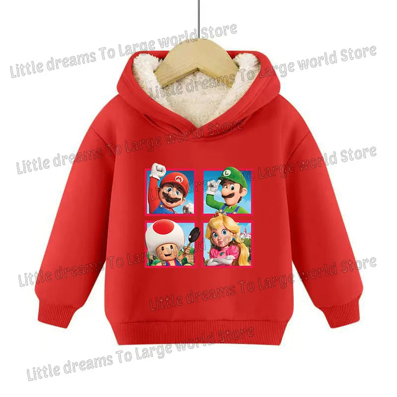 Super Marios Bros Hoodie for Kids Child Sweatshirt Fleece Thick Long-sleeved Clothes Boys Girls Winter Warm Tops Clothing Gifts