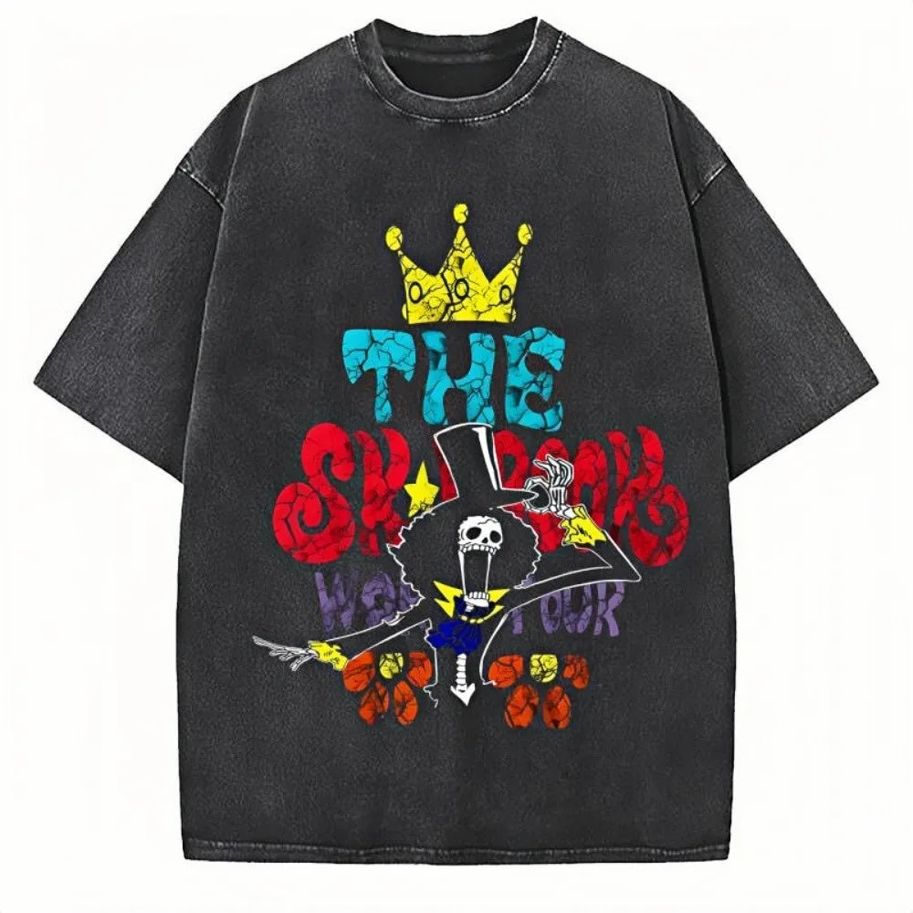 One Piece Acid Washed T-shirt Brook The Skulls Graphic Unisex Relaxed Fit 100% Cotton Graffiti Anime  Vibrant Spray Print Tees