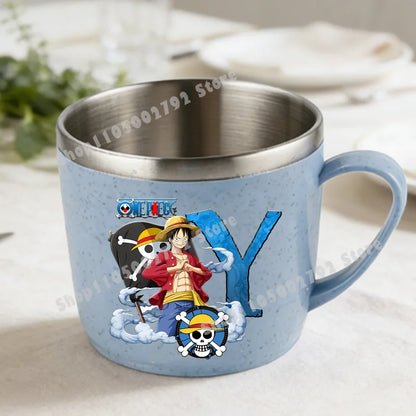 One Piece Double Layer Anti-scalding Stainless Steel Cups Kid Plastic Handle Coffee Milk Mug Luffy Water Cup Home Office Tumbler