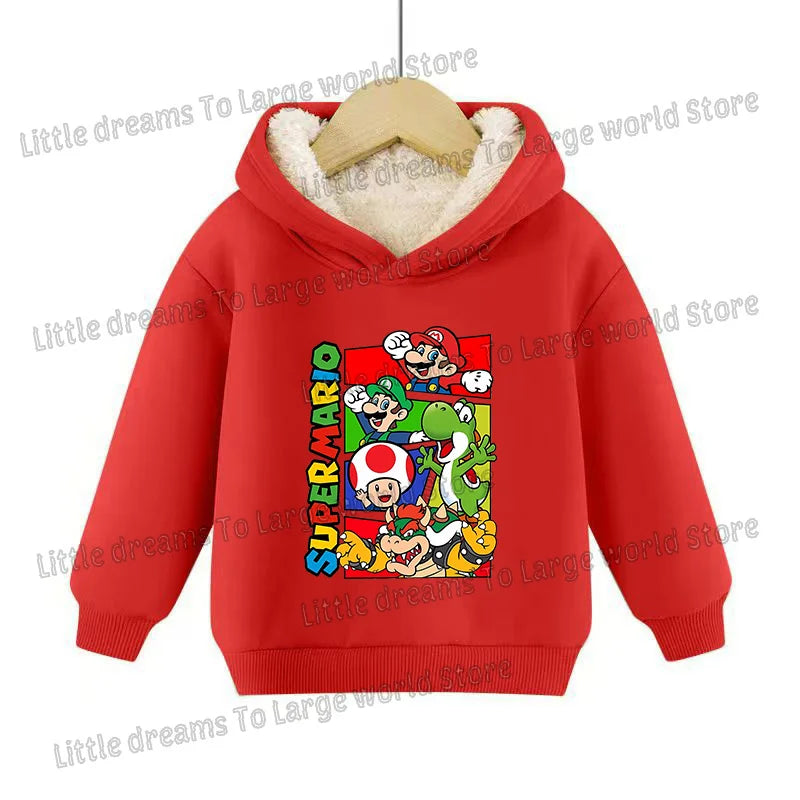 Super Marios Bros Hoodie for Kids Child Sweatshirt Fleece Thick Long-sleeved Clothes Boys Girls Winter Warm Tops Clothing Gifts