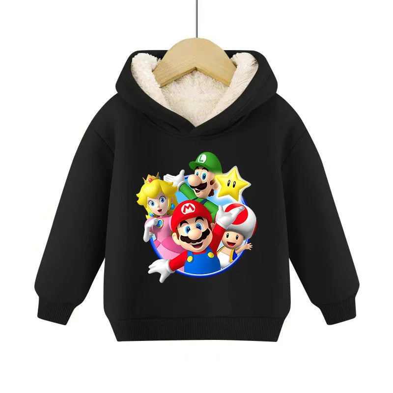 Super Marios Bros Hoodie for Kids Child Sweatshirt Fleece Thick Long-sleeved Clothes Boys Girls Winter Warm Tops Clothing Gifts