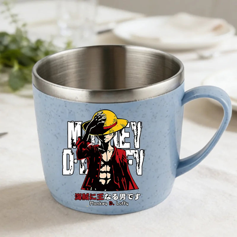 One Piece Double Layer Anti-scalding Stainless Steel Cups Kid Plastic Handle Coffee Milk Mug Luffy Water Cup Home Office Tumbler