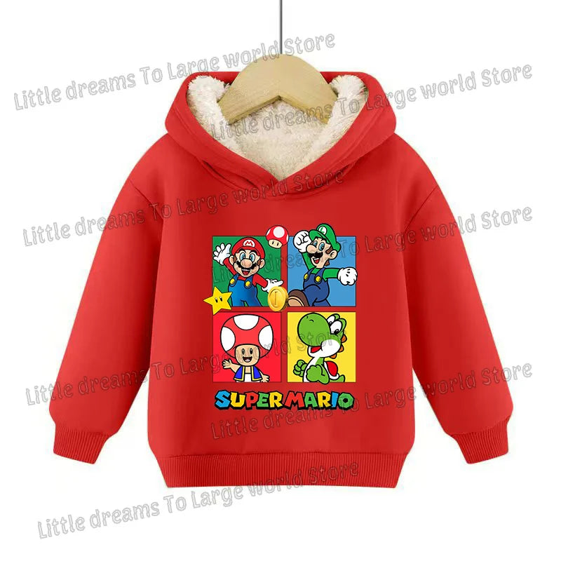Super Marios Bros Hoodie for Kids Child Sweatshirt Fleece Thick Long-sleeved Clothes Boys Girls Winter Warm Tops Clothing Gifts