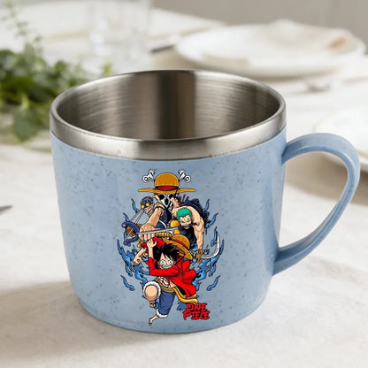 One Piece Double Layer Anti-scalding Stainless Steel Cups Kid Plastic Handle Coffee Milk Mug Luffy Water Cup Home Office Tumbler