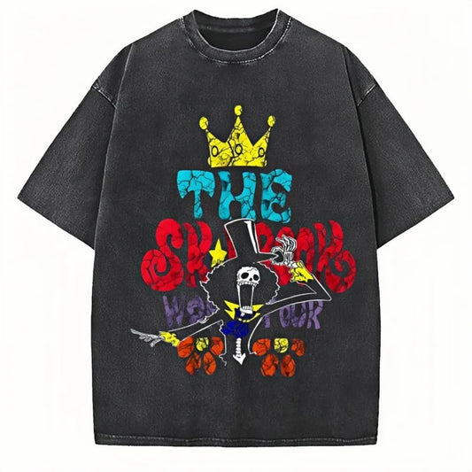 One Piece Acid Washed T-shirt Brook The Skulls Graphic Unisex Relaxed Fit 100% Cotton Graffiti Anime  Vibrant Spray Print Tees