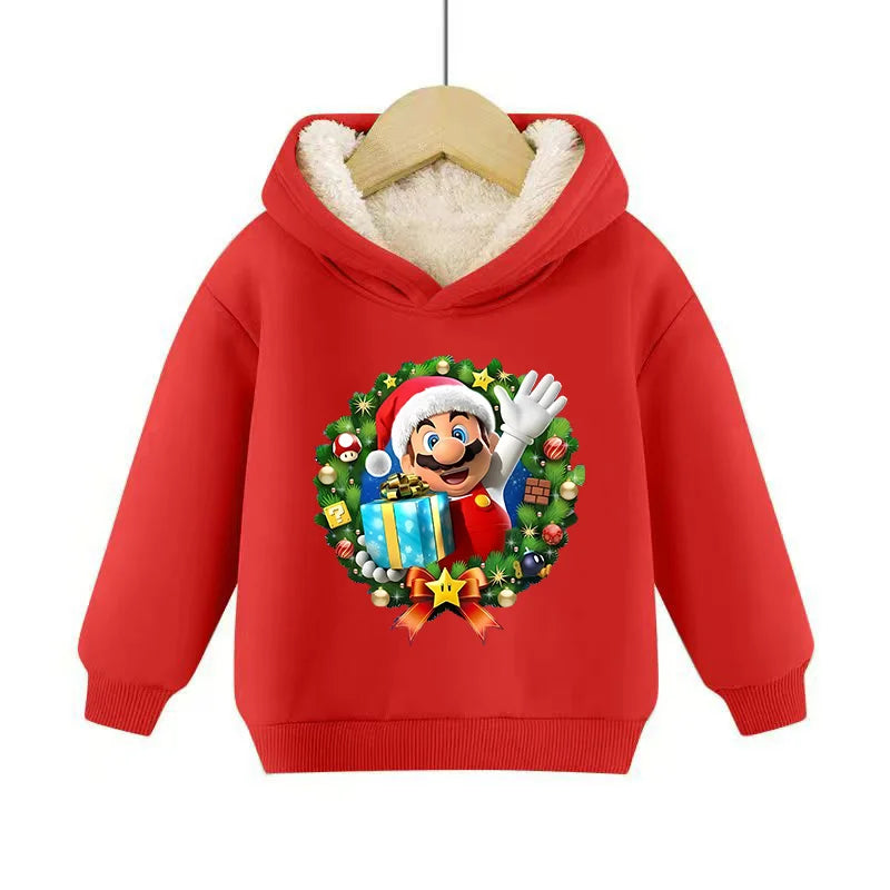 Super Marios Bros Hoodie for Kids Child Sweatshirt Fleece Thick Long-sleeved Clothes Boys Girls Winter Warm Tops Clothing Gifts