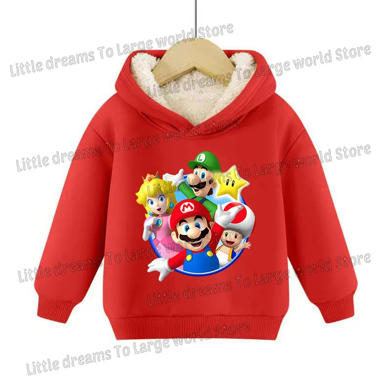 Super Marios Bros Hoodie for Kids Child Sweatshirt Fleece Thick Long-sleeved Clothes Boys Girls Winter Warm Tops Clothing Gifts