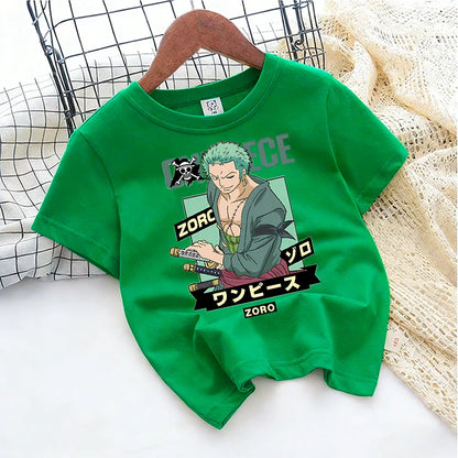 Ones Piece Kids T-shirt Anime Zoro-Luffy-Boys Toddler Cute Cool Tees Streetwear Casual Short Sleeve Childern Cotton Clothes Tops