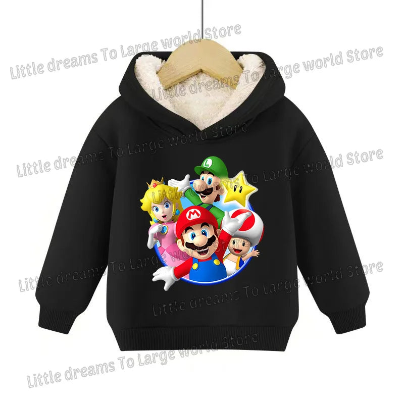 Super Marios Bros Hoodie for Kids Child Sweatshirt Fleece Thick Long-sleeved Clothes Boys Girls Winter Warm Tops Clothing Gifts