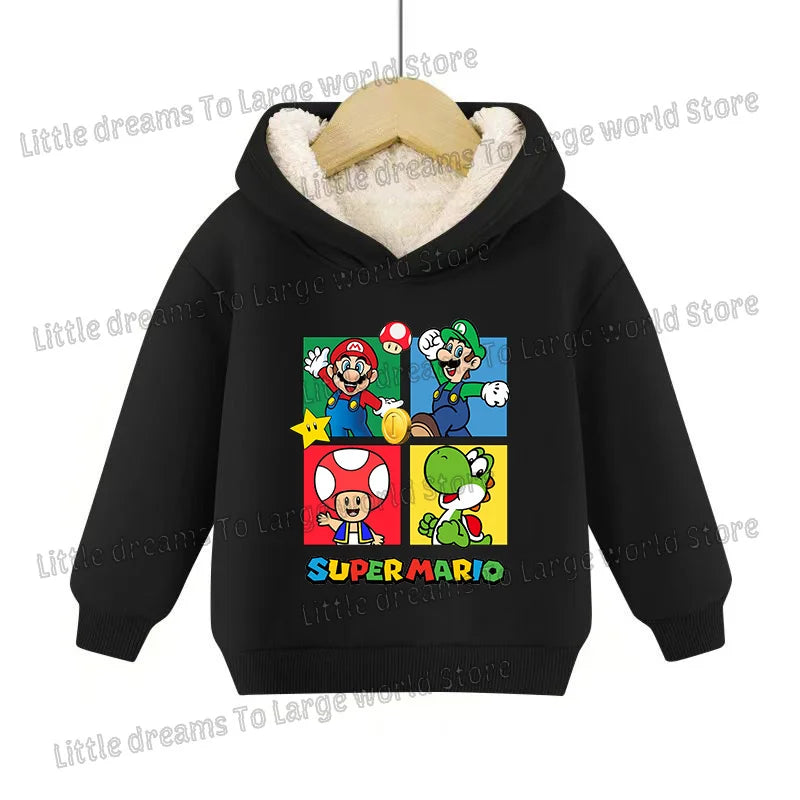 Super Marios Bros Hoodie for Kids Child Sweatshirt Fleece Thick Long-sleeved Clothes Boys Girls Winter Warm Tops Clothing Gifts