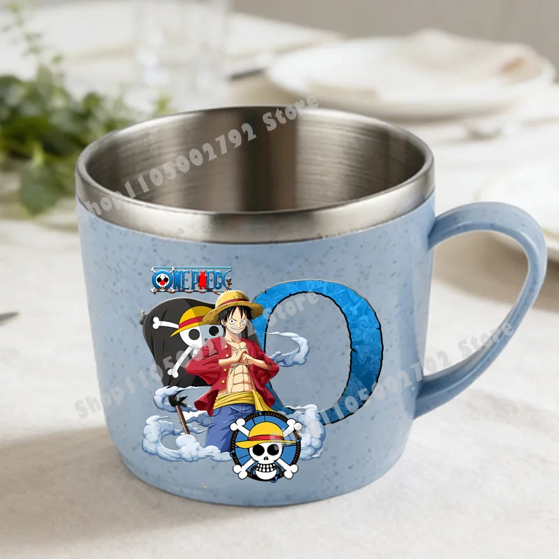 One Piece Double Layer Anti-scalding Stainless Steel Cups Kid Plastic Handle Coffee Milk Mug Luffy Water Cup Home Office Tumbler