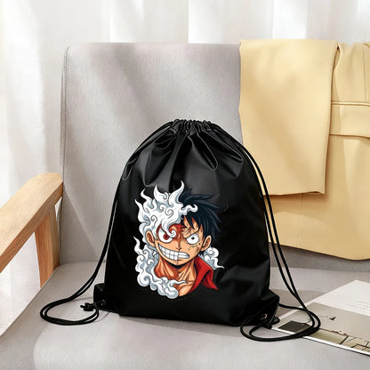 Borsa sportiva pieghevole portatile con coulisse nera per ragazzi, ispirata all'anime One Piece, con doppia tracolla, per palestra e tempo libero.
