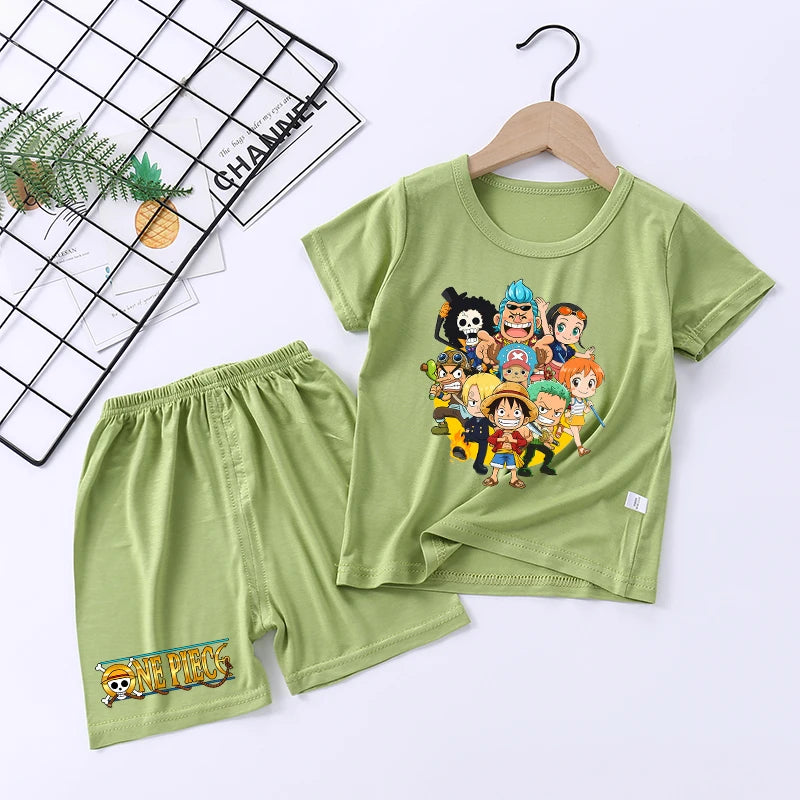 Pigiama con stampa anime di Zoro e Luffy, abbigliamento da notte sottile a maniche corte e pantaloncini per bambini