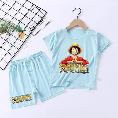 Pigiama con stampa anime di Zoro e Luffy, abbigliamento da notte sottile a maniche corte e pantaloncini per bambini