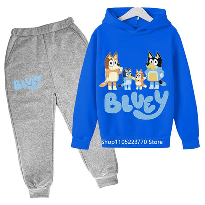 Trendy Kids Bluey Themed Hoodie Set Fun Anime Print Sweatshirt & Pants Comfortable Wear for Boys Girls Autumn Winter Days