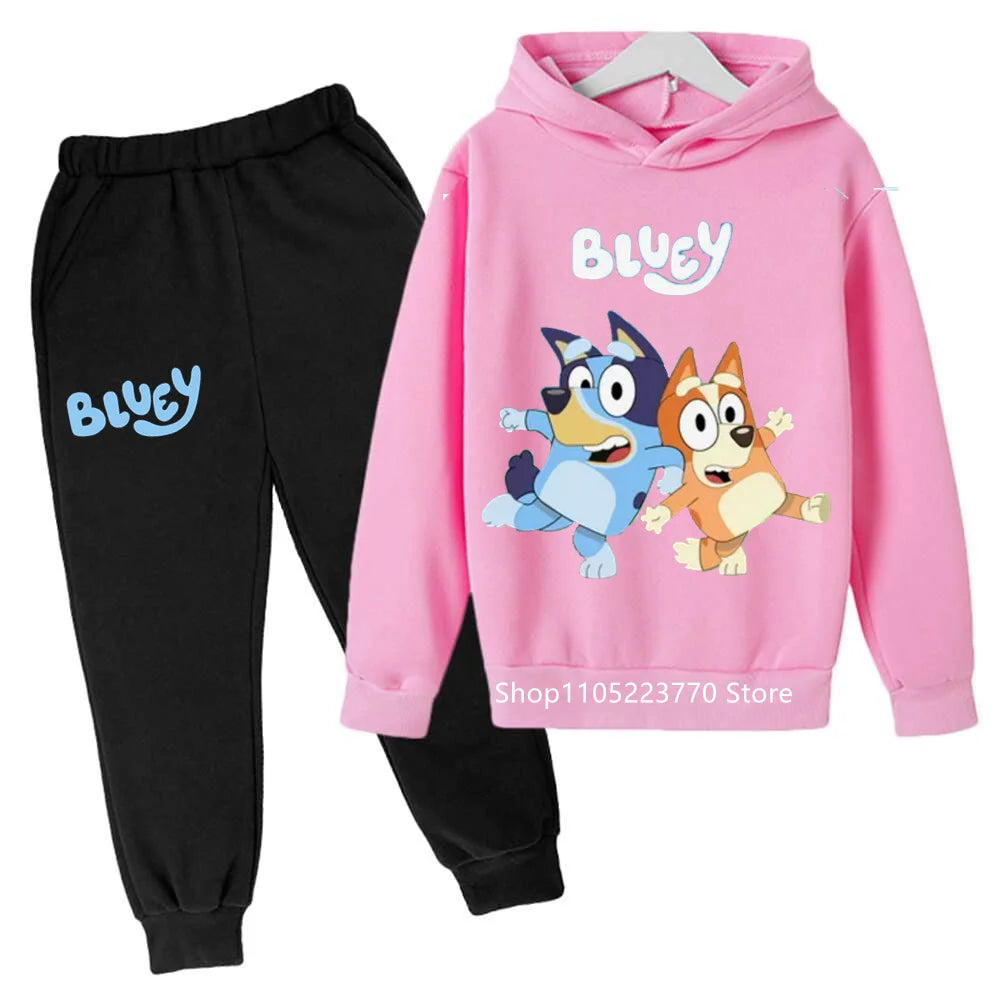 Trendy Kids Bluey Themed Hoodie Set Fun Anime Print Sweatshirt & Pants Comfortable Wear for Boys Girls Autumn Winter Days