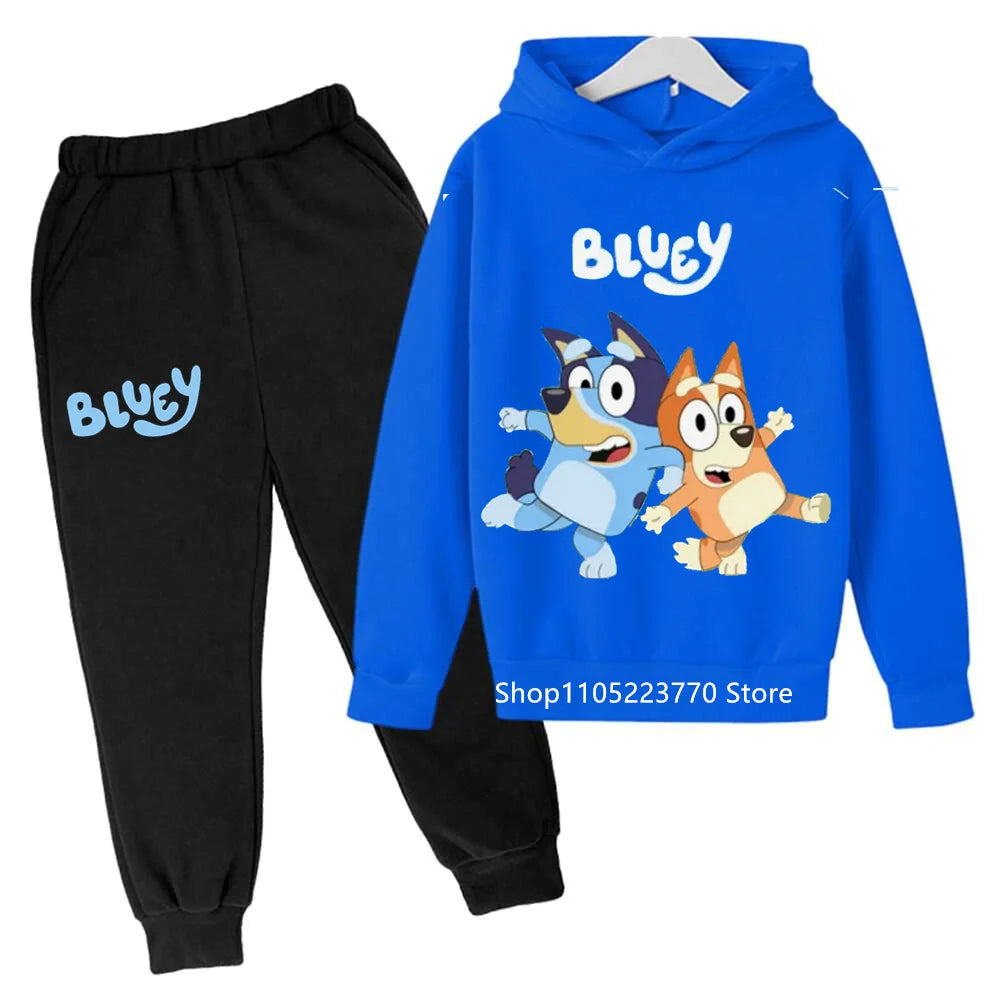 Trendy Kids Bluey Themed Hoodie Set Fun Anime Print Sweatshirt & Pants Comfortable Wear for Boys Girls Autumn Winter Days