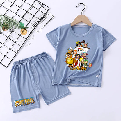Pigiama con stampa anime di Zoro e Luffy, abbigliamento da notte sottile a maniche corte e pantaloncini per bambini