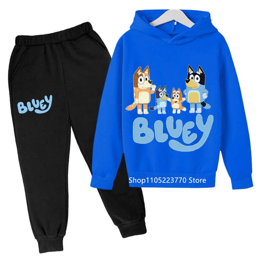 Trendy Kids Bluey Themed Hoodie Set Fun Anime Print Sweatshirt & Pants Comfortable Wear for Boys Girls Autumn Winter Days