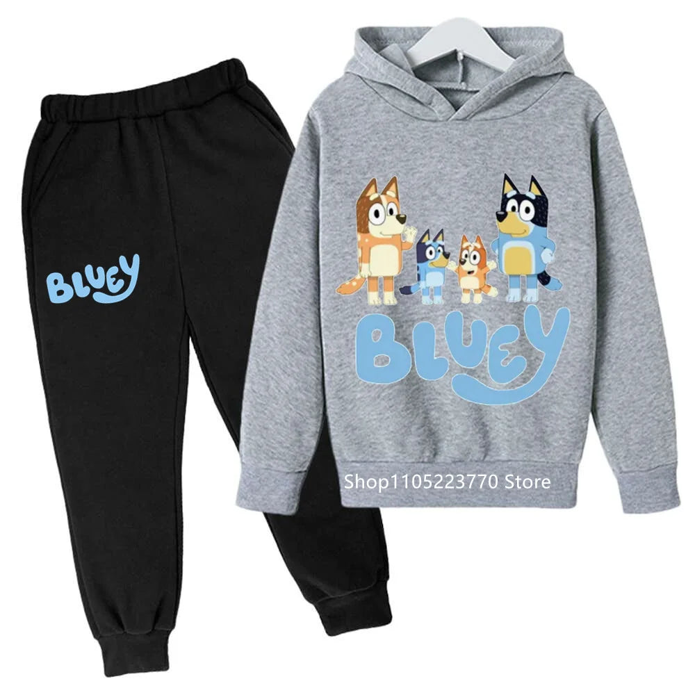 Trendy Kids Bluey Themed Hoodie Set Fun Anime Print Sweatshirt & Pants Comfortable Wear for Boys Girls Autumn Winter Days