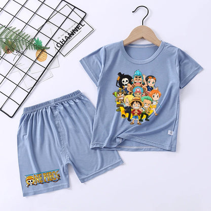 Pigiama con stampa anime di Zoro e Luffy, abbigliamento da notte sottile a maniche corte e pantaloncini per bambini