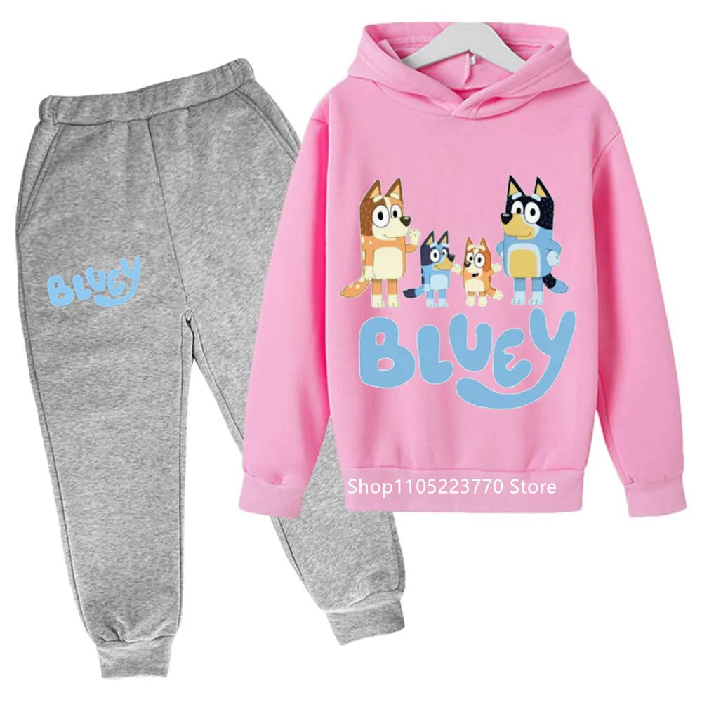 Trendy Kids Bluey Themed Hoodie Set Fun Anime Print Sweatshirt & Pants Comfortable Wear for Boys Girls Autumn Winter Days