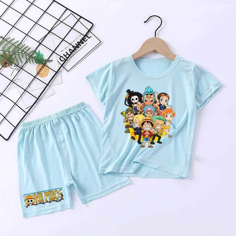 Pigiama con stampa anime di Zoro e Luffy, abbigliamento da notte sottile a maniche corte e pantaloncini per bambini