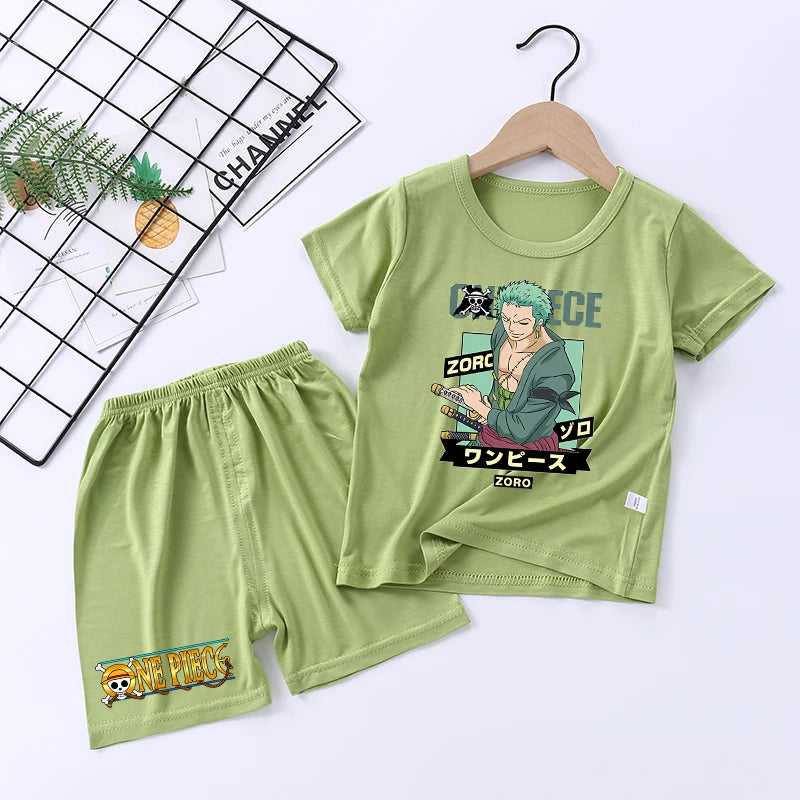 Pigiama con stampa anime di Zoro e Luffy, abbigliamento da notte sottile a maniche corte e pantaloncini per bambini