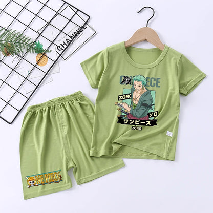 Pigiama con stampa anime di Zoro e Luffy, abbigliamento da notte sottile a maniche corte e pantaloncini per bambini