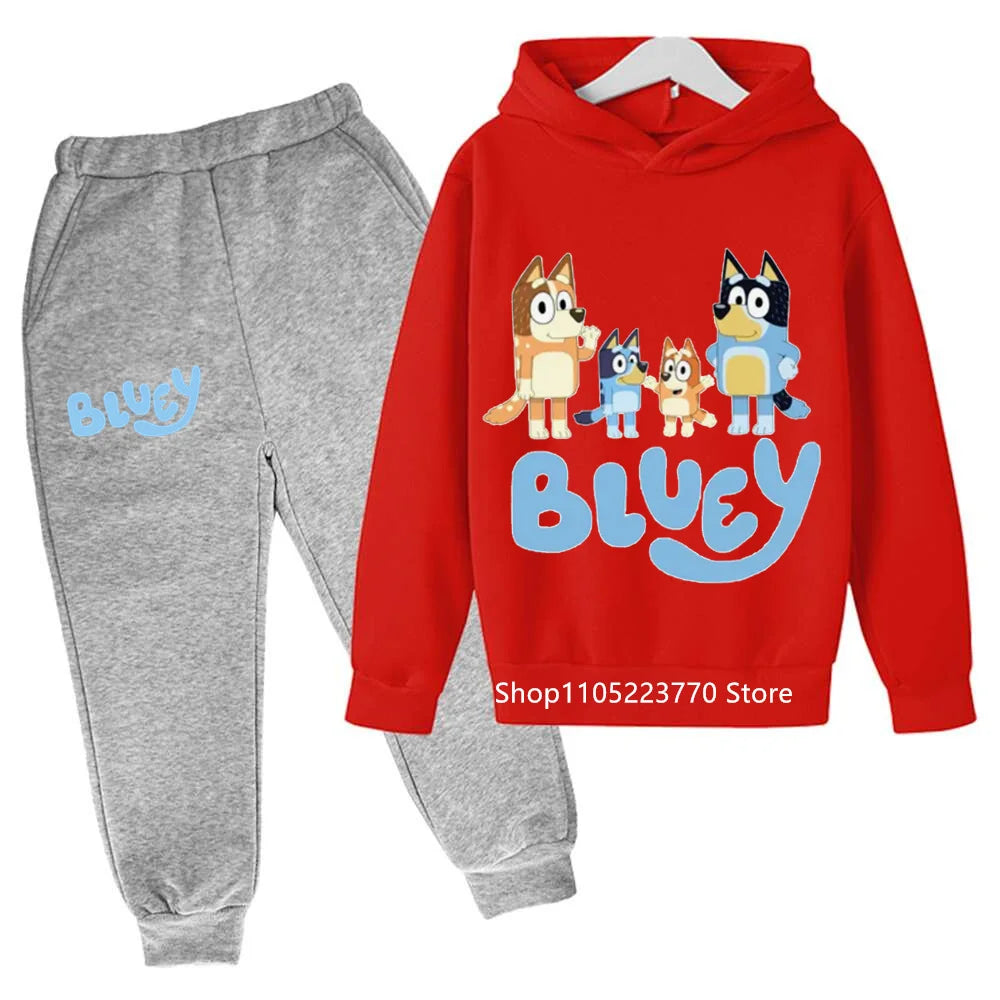 Trendy Kids Bluey Themed Hoodie Set Fun Anime Print Sweatshirt & Pants Comfortable Wear for Boys Girls Autumn Winter Days
