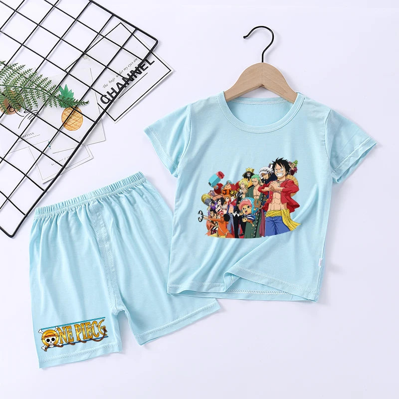 Pigiama con stampa anime di Zoro e Luffy, abbigliamento da notte sottile a maniche corte e pantaloncini per bambini