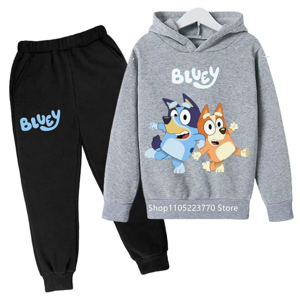 Trendy Kids Bluey Themed Hoodie Set Fun Anime Print Sweatshirt & Pants Comfortable Wear for Boys Girls Autumn Winter Days