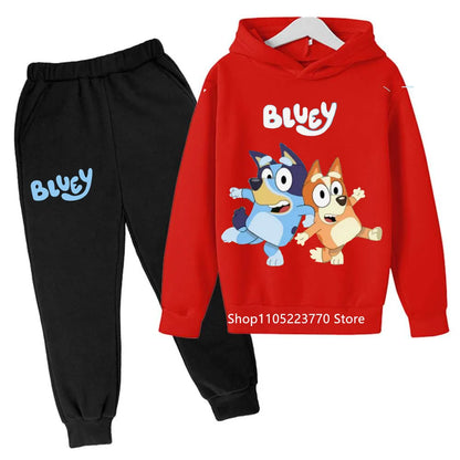 Trendy Kids Bluey Themed Hoodie Set Fun Anime Print Sweatshirt & Pants Comfortable Wear for Boys Girls Autumn Winter Days
