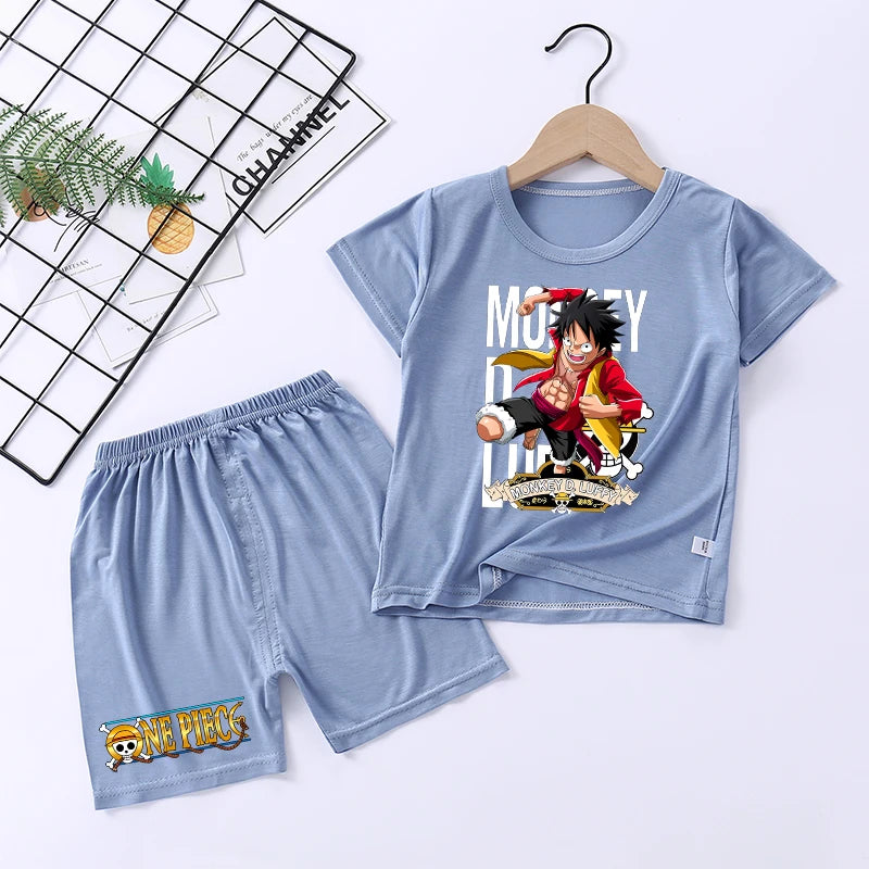 Pigiama con stampa anime di Zoro e Luffy, abbigliamento da notte sottile a maniche corte e pantaloncini per bambini