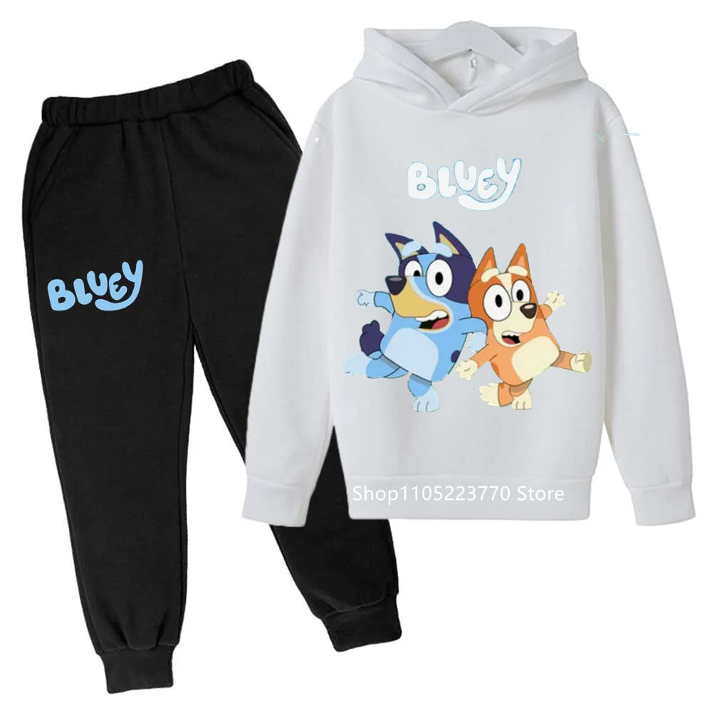 Trendy Kids Bluey Themed Hoodie Set Fun Anime Print Sweatshirt & Pants Comfortable Wear for Boys Girls Autumn Winter Days