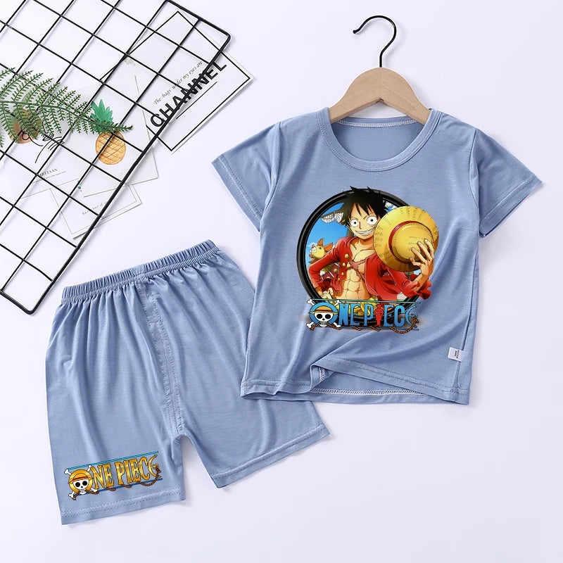Pigiama con stampa anime di Zoro e Luffy, abbigliamento da notte sottile a maniche corte e pantaloncini per bambini