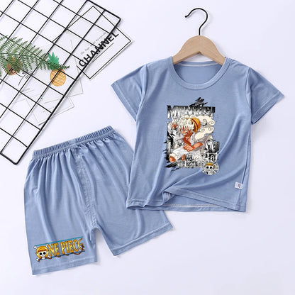 Pigiama con stampa anime di Zoro e Luffy, abbigliamento da notte sottile a maniche corte e pantaloncini per bambini