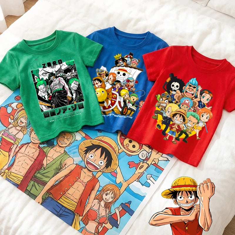 T-shirt per bambini One Piece Anime Zoro-Luffy-Boys, magliette carine e cool per bambini, streetwear casual, maniche corte, abbigliamento in cotone per bambini
