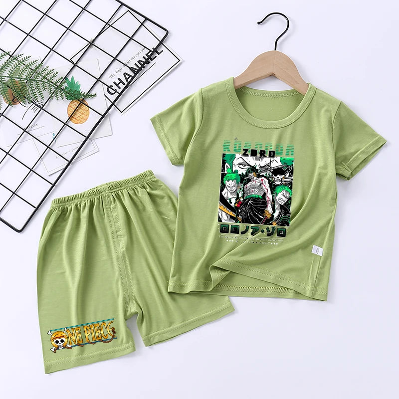 Pigiama con stampa anime di Zoro e Luffy, abbigliamento da notte sottile a maniche corte e pantaloncini per bambini
