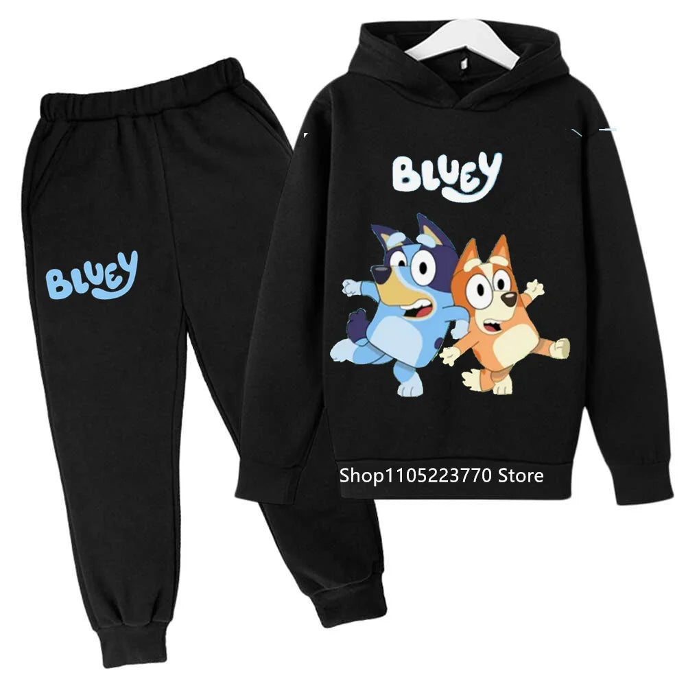 Trendy Kids Bluey Themed Hoodie Set Fun Anime Print Sweatshirt & Pants Comfortable Wear for Boys Girls Autumn Winter Days
