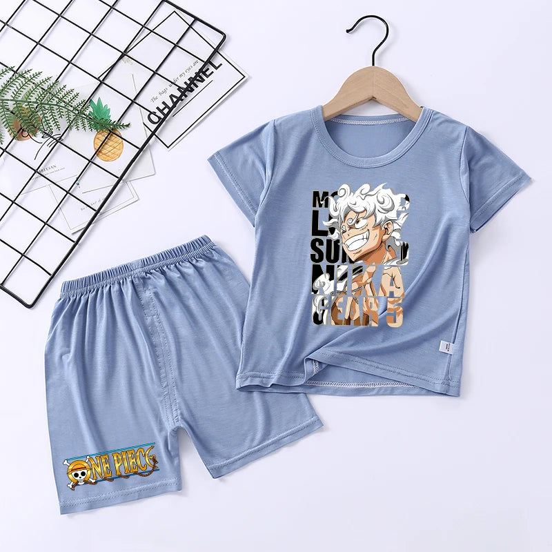 Pigiama con stampa anime di Zoro e Luffy, abbigliamento da notte sottile a maniche corte e pantaloncini per bambini