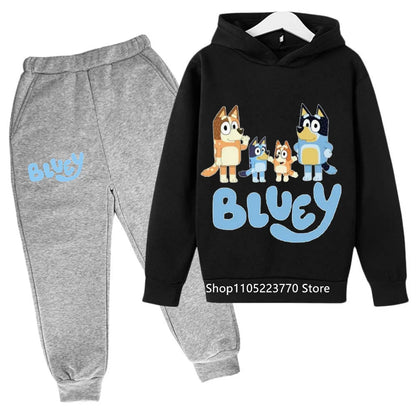 Trendy Kids Bluey Themed Hoodie Set Fun Anime Print Sweatshirt & Pants Comfortable Wear for Boys Girls Autumn Winter Days